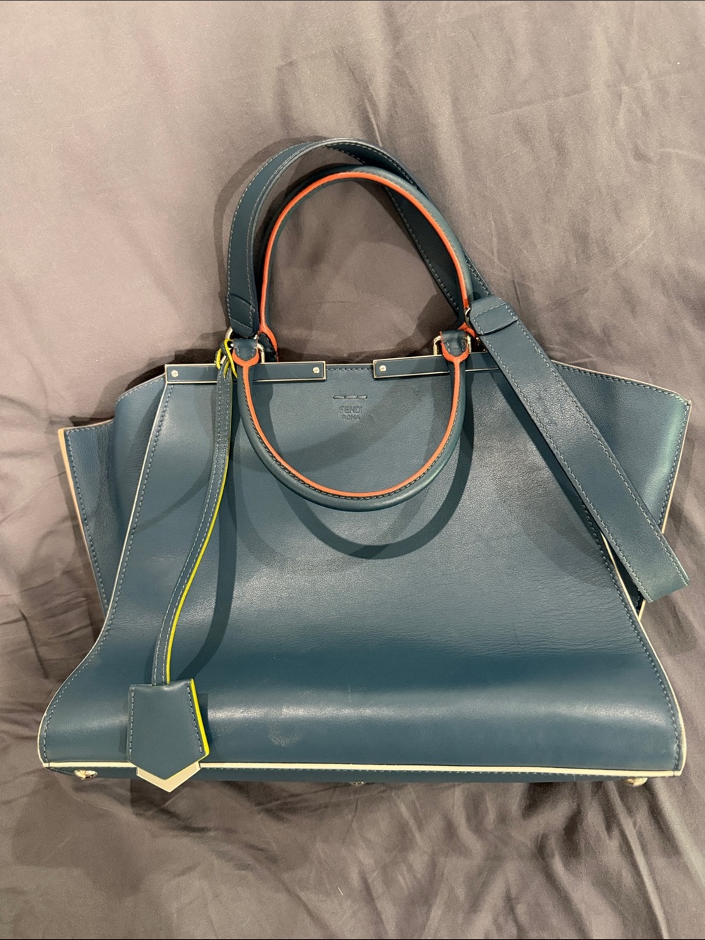 Fendi Teal Leather Peekaboo Tote with Orange and Neon Yellow Accents